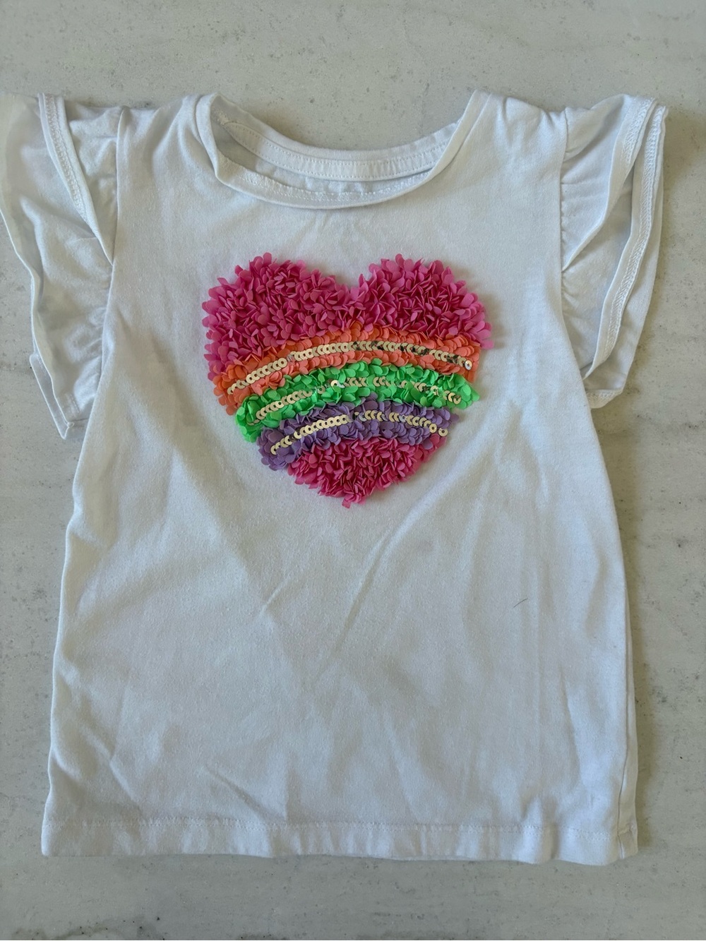 Girls White Short-Sleeve Tee with Pink Heart and Rainbow Trim